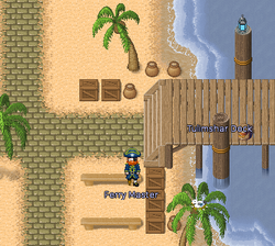 A pic of the Tulimshar Ferry Master (coordinates: 029-1, 100, 35) Head North from the Soul Menhir in Tulimshar, and continue until you reach the second dock. You will see Ferry Master there.