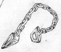 A throwable chain with a sharpened piece of metal on an end and a handle on the other